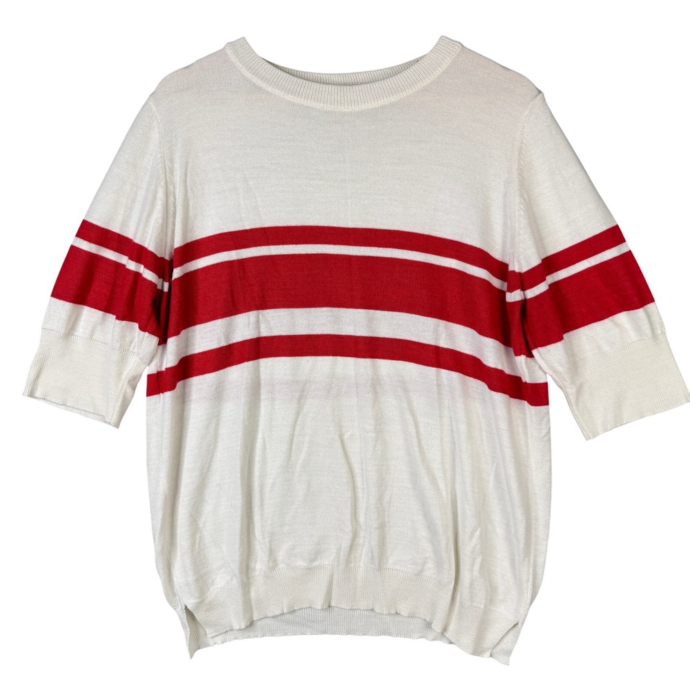 Mer Sea XL White Red Striped Short Sleeve Crew Neck Knit Sweater Pullover